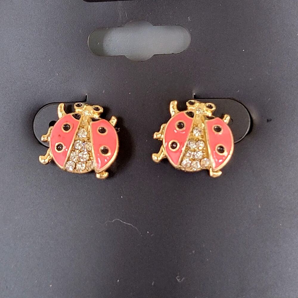 Gold-Tone Ladybug Stud Earrings Pink Enamel Rhinestones 0.47" New on Card